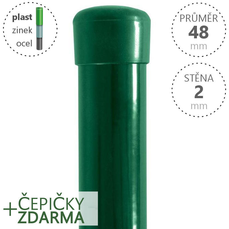 Zelený plotový sloupek DAMIPLAST® pozinkovaný a poplastovaný, průměr 48mm, síla stěny 2,0mm, délka 3000mm Délka v mm:: 2400 PLOTY Sklad8 5-300