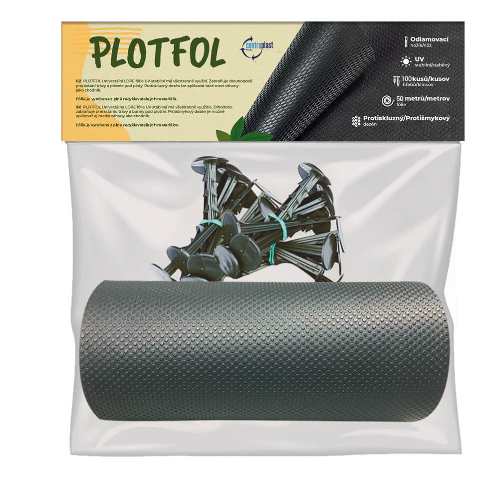 PLOTFOL FÓLIE - velkoobchodní balení - Délka 50 m. Rozměry: šířka 25 cm/tloušťka 1,35 mm/role 50 m, 100 ks plastový hřeb PLOTY Sklad8 5-300