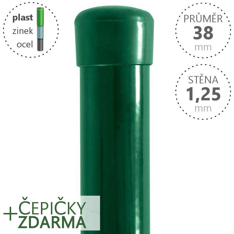 Plotový sloupek DAMIPLAST® zelený Zn+PVC, průměr 38mm, síla stěny 1,25mm, výška dle výběru Délka v mm:: 1600