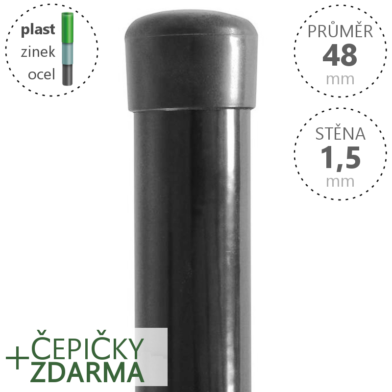 Plotový sloupek DAMIPLAST® poplastovaný Zn + PVC 48x1,5 mm, antracit, výška dle výběru Délka v mm:: 1800 PLOTY Sklad8 0