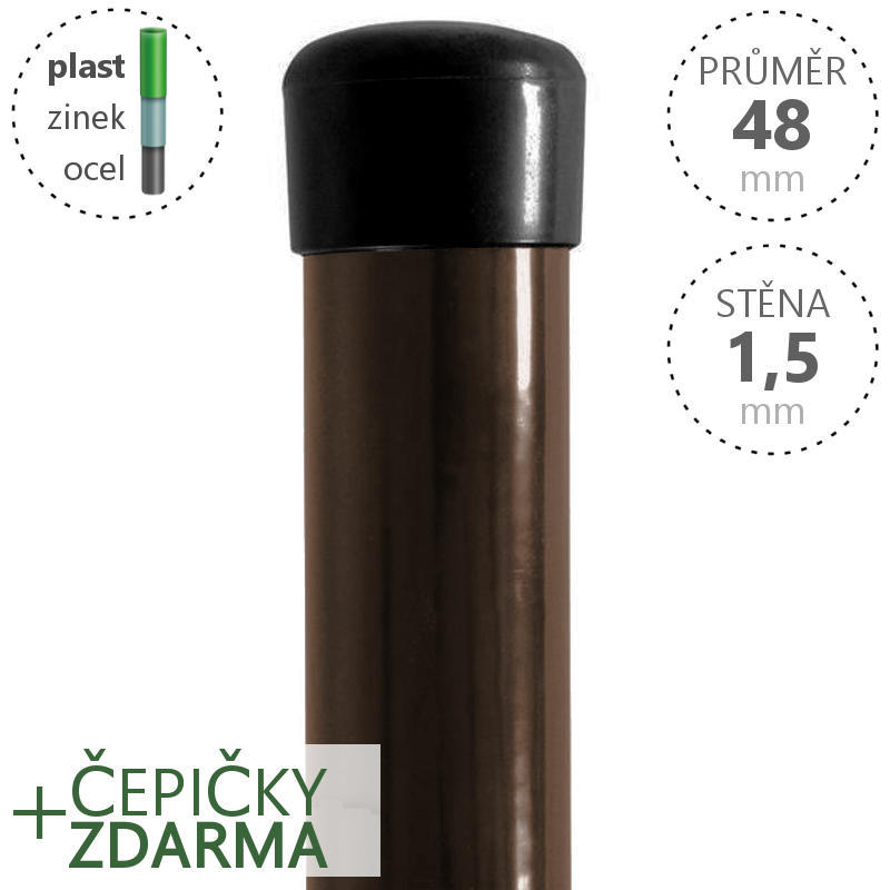 Plotový sloupek DAMIPLAST® poplastovaný Zn + PVC 48x1,5 mm, hnědý, výška dle výběru Délka v mm:: 2200 VCP PLOTY Sklad8 0
