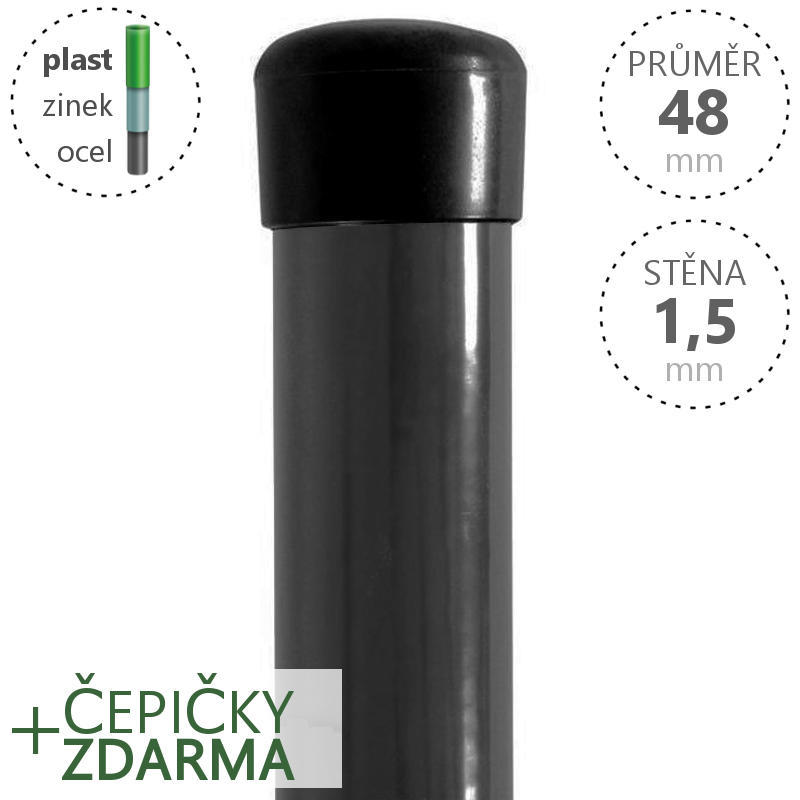 Plotový sloupek DAMIPLAST® poplastovaný Zn + PVC 48x1,5 mm,  šedý, výška dle výběru Délka v mm:: 2600