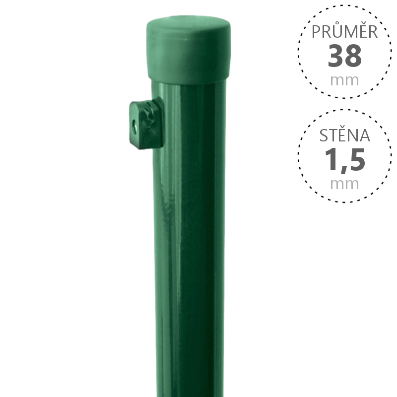 Sloupek Ideal Zn+PVC 2600/38 x 1,5 mm, př. nap. drátu, zelený PLOTY Sklad8 0