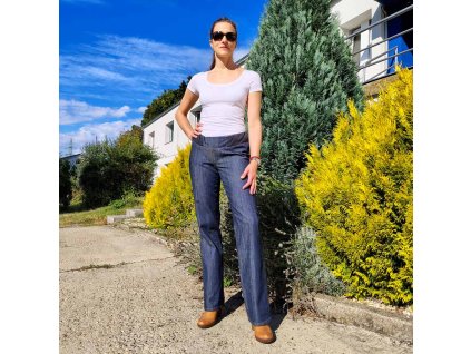 Těhotenské bavlněné džíny modré barvy s kapsami. Česká výroba.