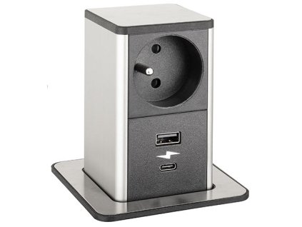 STRONG PowerUp zásuvka, 1x230V, USB A/C nabíjecí, Nerez, Fr