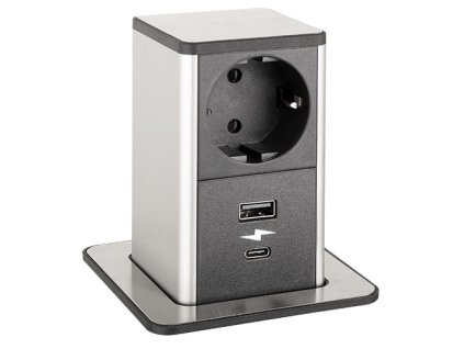 STRONG PowerUp zásuvka, 1x230V, USB A/C nabíjecí, Nerez, Schuko