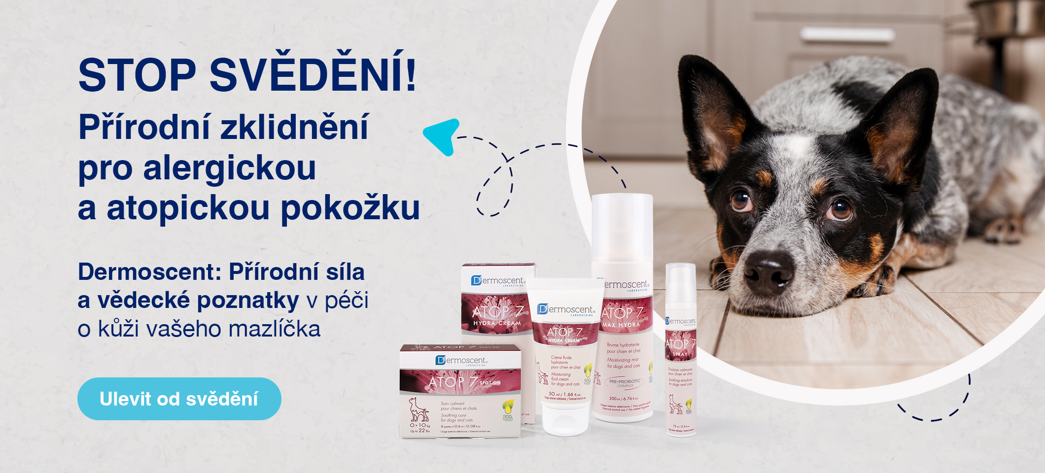Dermoscent ATOP přírodní zklidňující péče pro atopickou kůži psů a koček. Regeneruje kožní bariéru, snižuje zánět a svědění.
