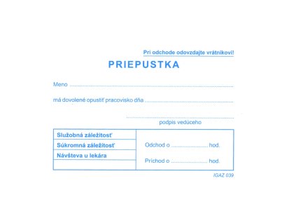 Tlačivo Priepustka A7, 100 listov