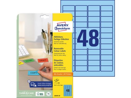 Etikety Avery odnímateľné 45,7x21,2 mm, modré
