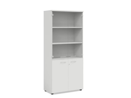 Policová skriňa BASIC, kombinovaná so sklom, so zámkom, 80x40x182,1cm, biela