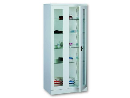 Nemocničná skriňa na lieky, preskelenené dvere, uzamykateľná, v.180 x š.80 x h.43,5cm, RAL9010 biela