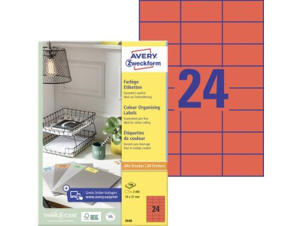 Etikety farebné 70x37mm Avery A4 100 hárkov červené