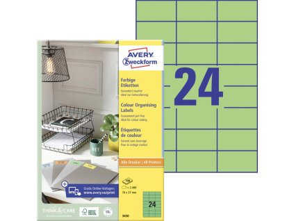 Etikety farebné 70x37mm Avery A4 100 hárkov zelené