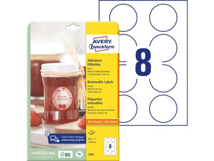 Etikety kruhové 65mm Avery 10 hárkov biele
