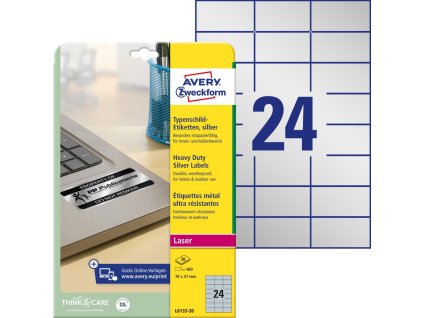 Etikety polyesterové veľmi odolné 70x37mm Avery A4 strieborné 20 hárkov