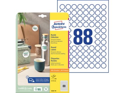 Etikety univerzálne kruhové 20mm Avery A4 10 hárkov