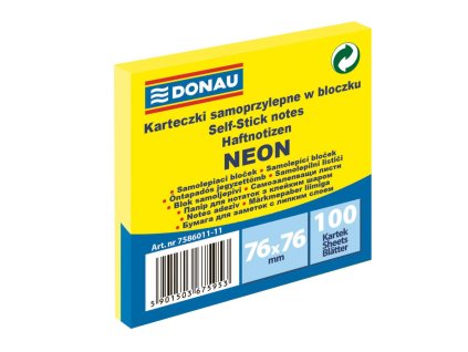 Bloček Donau neónový, 76 x 76 mm, žltý, 100 lístkov