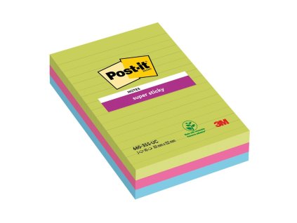 Samolepiaci bloček Post-it Super Sticky 101 mm x 152 mm XXL, dúhové farby, linajkové, 3 bločky po 90 lístkov