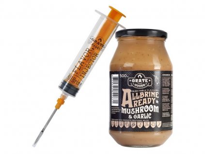 BBQ tekutý soľný roztok AllBrine Hotový cesnak na huby s injektorom 500ml GrateGoods