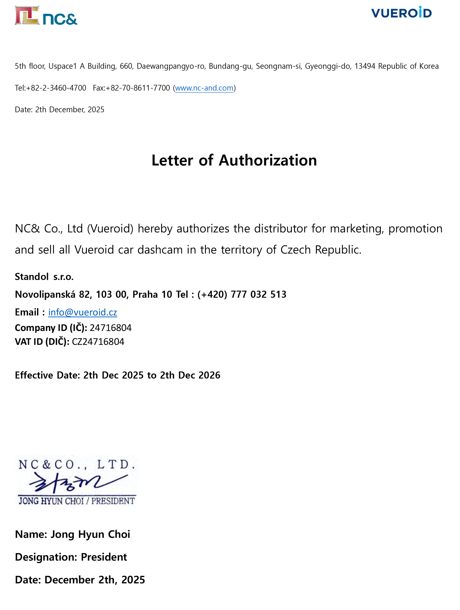 Certifikát autorizovaného distributora VUEROID – STANDOL s.r.o.