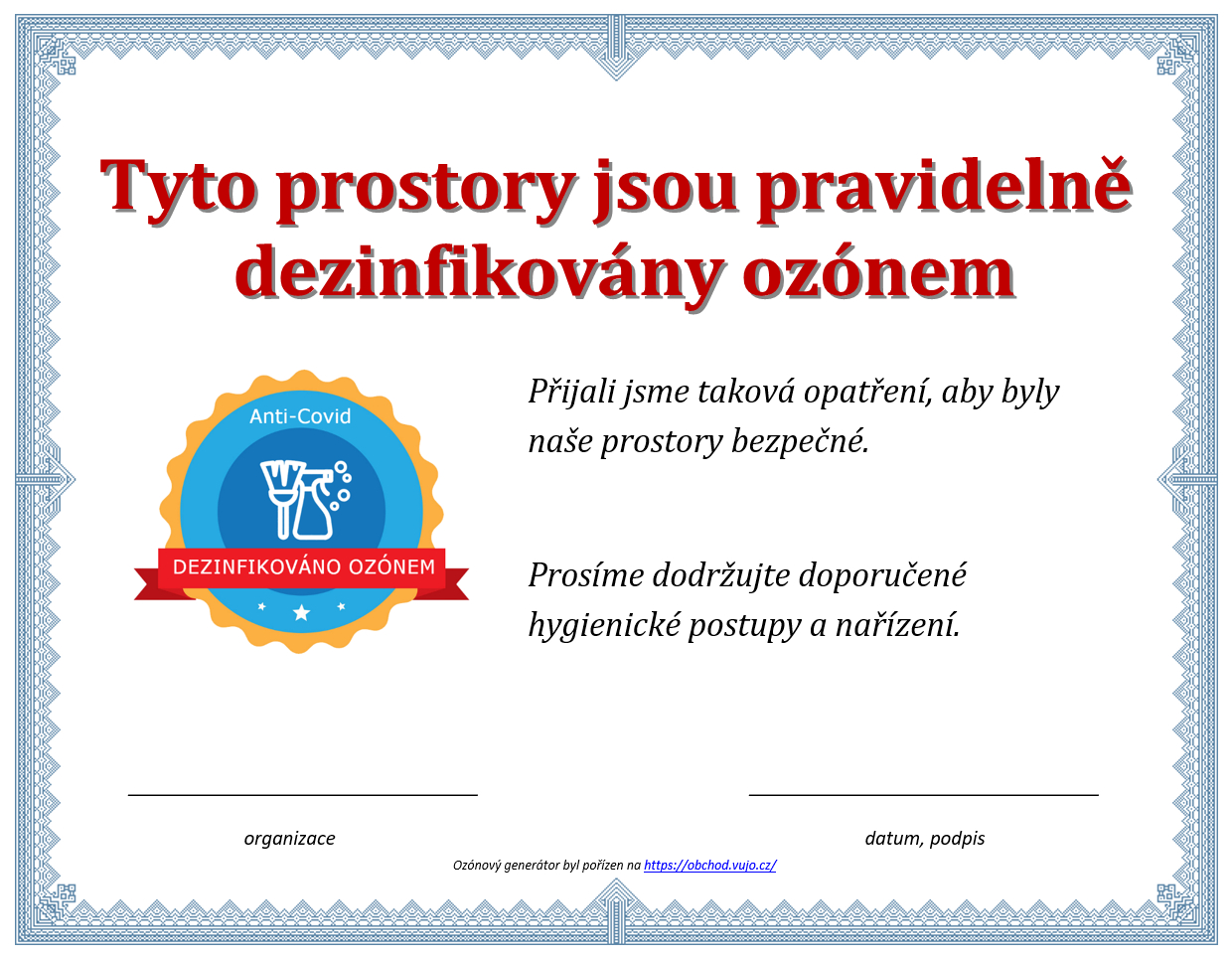 certifikat dezinfikovano ozonem