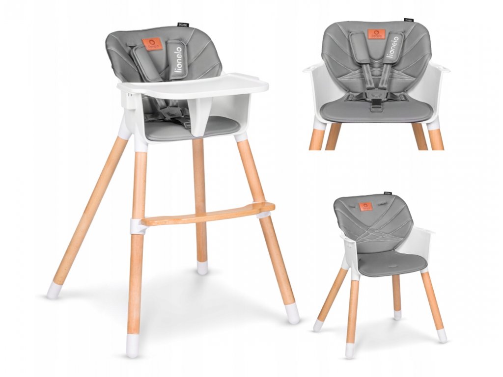 Dizajnová detská jedálenská stolička Lionelo Koen 2v1 sivá