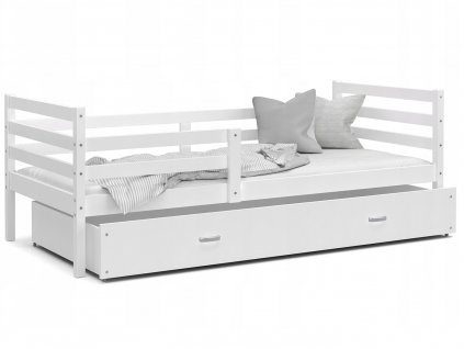 Detská posteľ Jung 160x80 s bariérkou, roštom, matracom a úložným boxom - biela