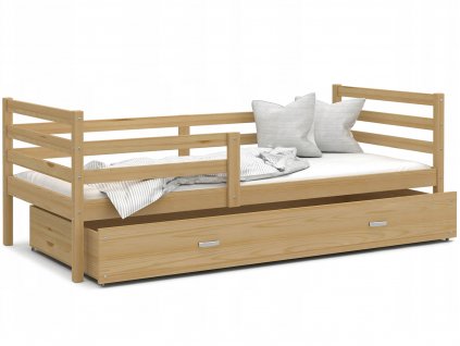 Detská posteľ Jung 160x80 s bariérkou, roštom, matracom a úložným boxom - prírodná