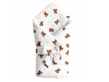 Mušelínová zavinovačka s mašľou biela-medvedíky