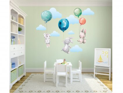 Detské samolepky na stenu Zajačikovia na balónoch 100x50 cm