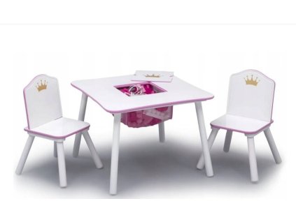 Drevený stôl pre deti + 2 stoličky bielo-ružové Pinky