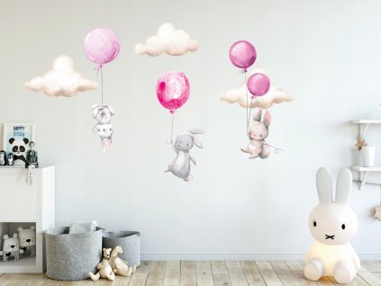 Detské samolepky na stenu Ružoví zajačikovia na balónoch 100x50 cm