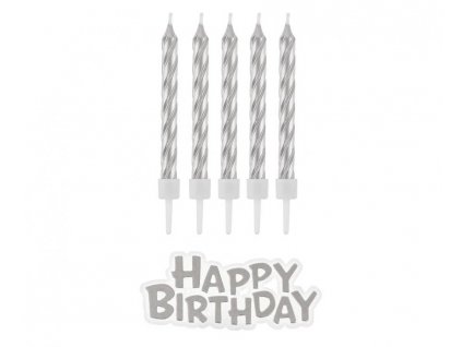 Dortové svíčky Happy Birthday stříbrné 16ks