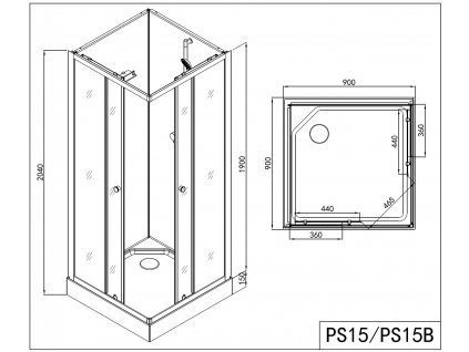PS15B Sanotechnik UNI 2 black sprchový box štvorec bez strechy, 90x90x203cm low