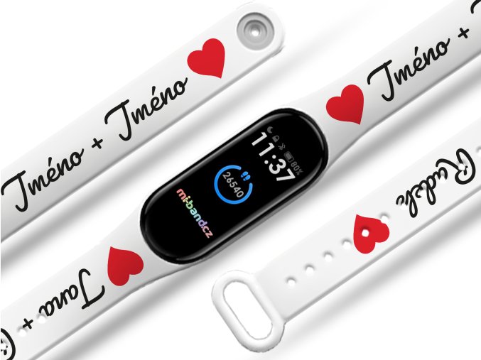 Náhradní náramek Mi band 3/4/5/6/7 na přání Srdce + Dvě jména + Srdce (Barva Vícebarevná, Pro Přístroj Xiaomi Mi Band 7)