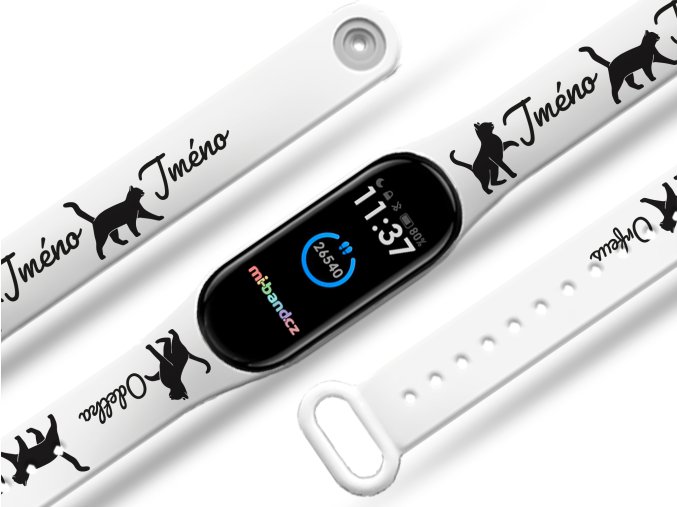 Náhradní náramek Mi band 3/4/5/6/7 na přání: Kočka + Jméno (Barva Vícebarevná, Pro Přístroj Xiaomi Mi Band 7)