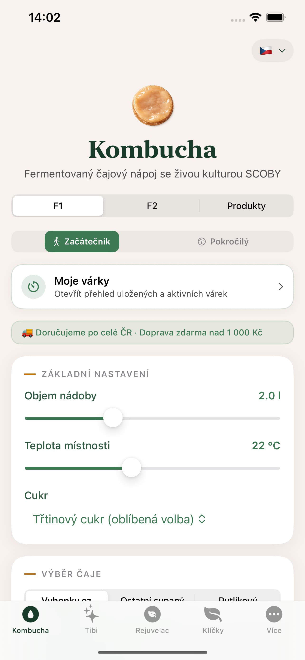 Kombucha FermentCalc – nastavení kombuchy