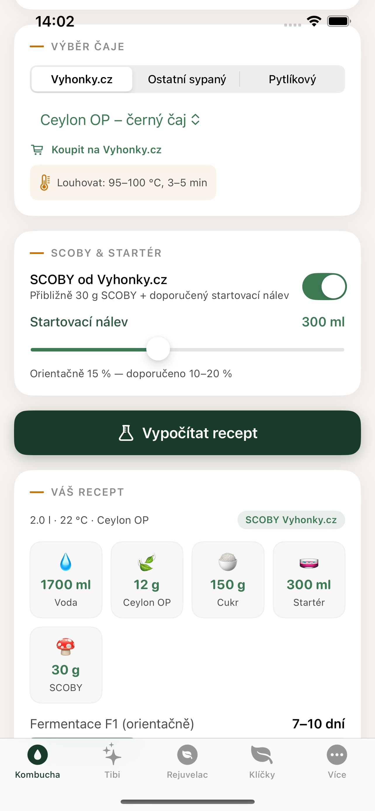 Kombucha FermentCalc – vypočítaný recept