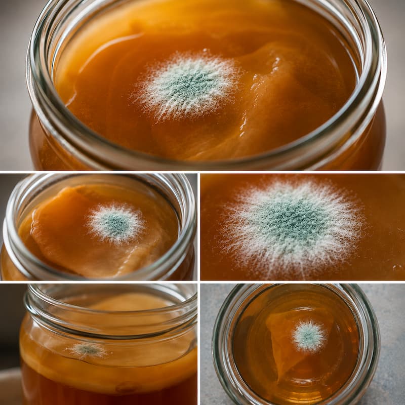 Plíseň na SCOBY – chlupaté ložisko nad hladinou kombuchy