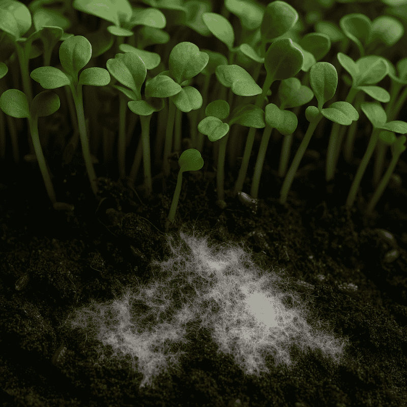 Bílá plíseň na povrchu substrátu mezi mladými microgreens