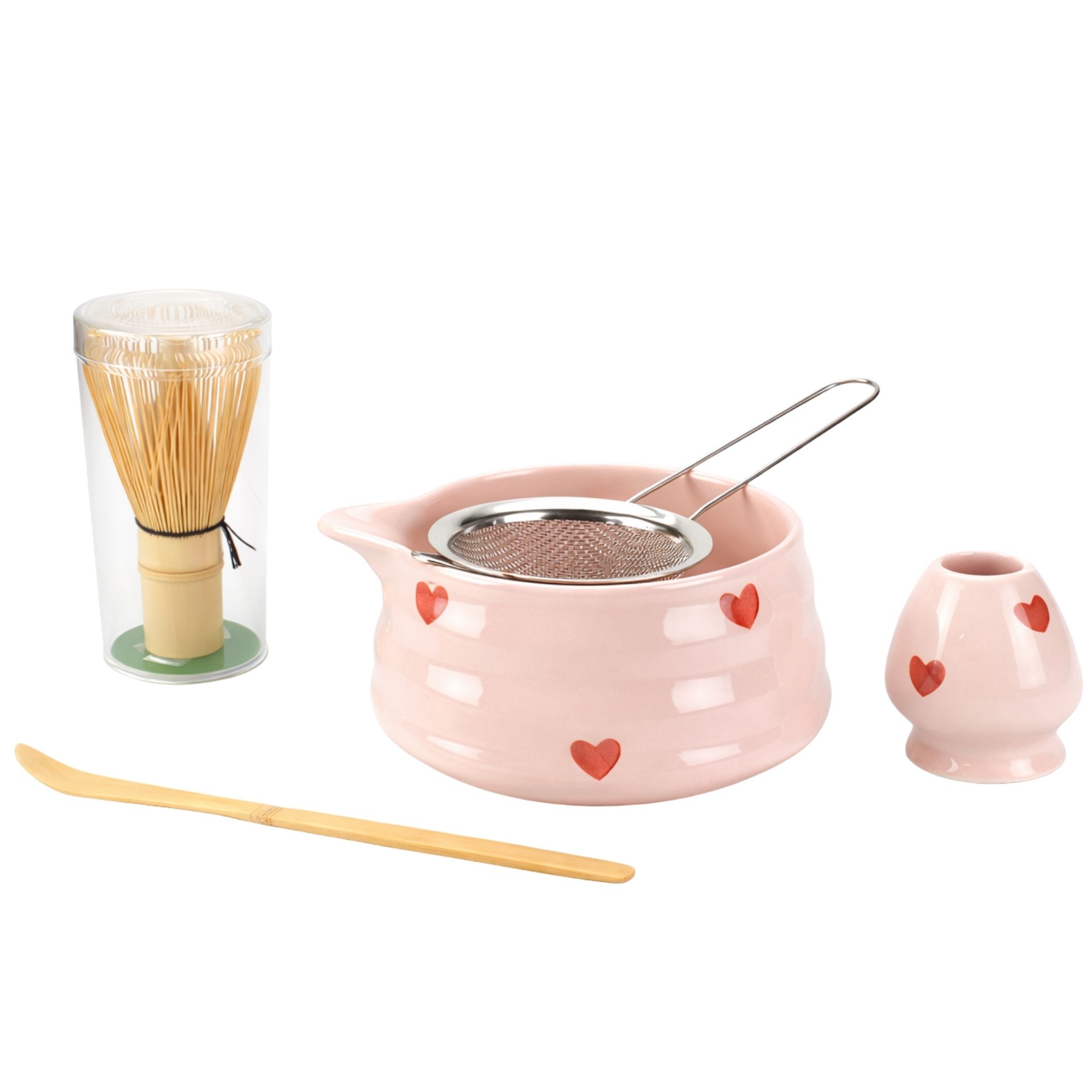 Matcha set se srdíčky – růžová 5dílná keramická sada – Vyhonky.cz
