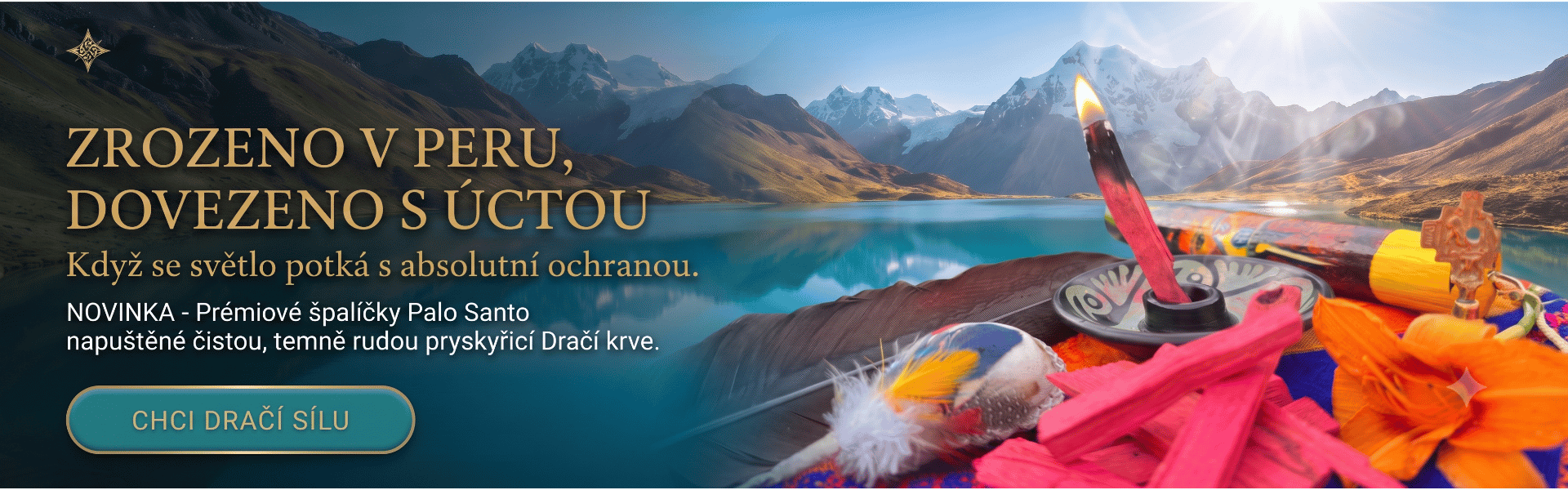 Prémiové dřevěné špalíčky Palo Santo napuštěné červenou pryskyřicí Dračí krev na pozadí peruánských And a tyrkysového horského jezera.