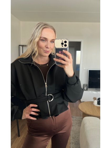 Mikina na zip s páskem – černá