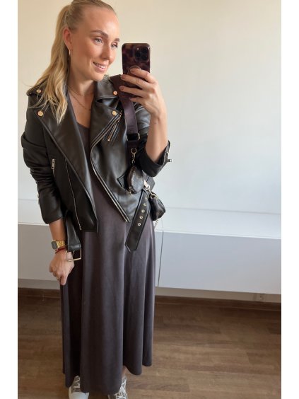 Hnědé maxi šaty na široká ramínka - vzdušné dlouhé dámské šaty v přírodním odstínu