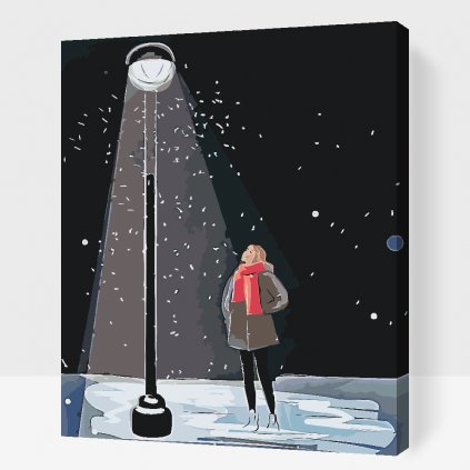 Malování podle čísel - Žena pod lampou a padající sníh
