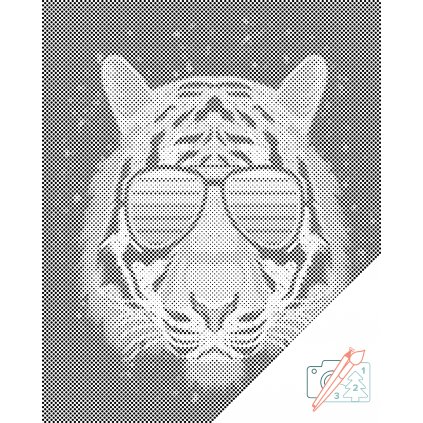 Tečkování - Tygr s brýlemi (Barva teček Červená, Rámování Na dřevěné desce, Velikost 40x50cm)