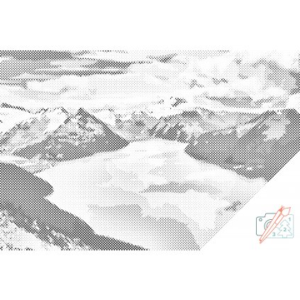 Tečkování - Zasněžené hory u jezera (Barva teček Červená, Rámování Na dřevěné desce, Velikost 40x60cm)