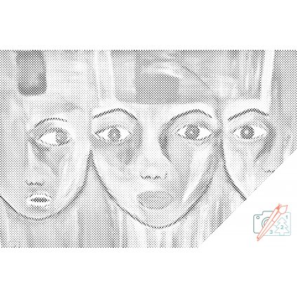 Tečkování - Abstraktní tváře (Barva teček Červená, Rámování Na dřevěné desce, Velikost 40x60cm)