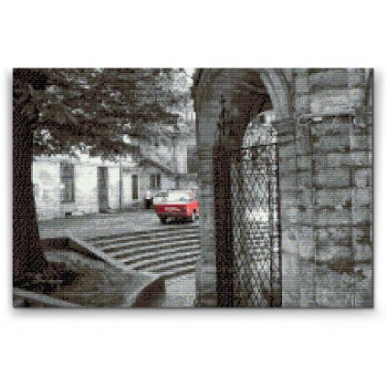 Diamantové malování - Červené auto v šedé uličce