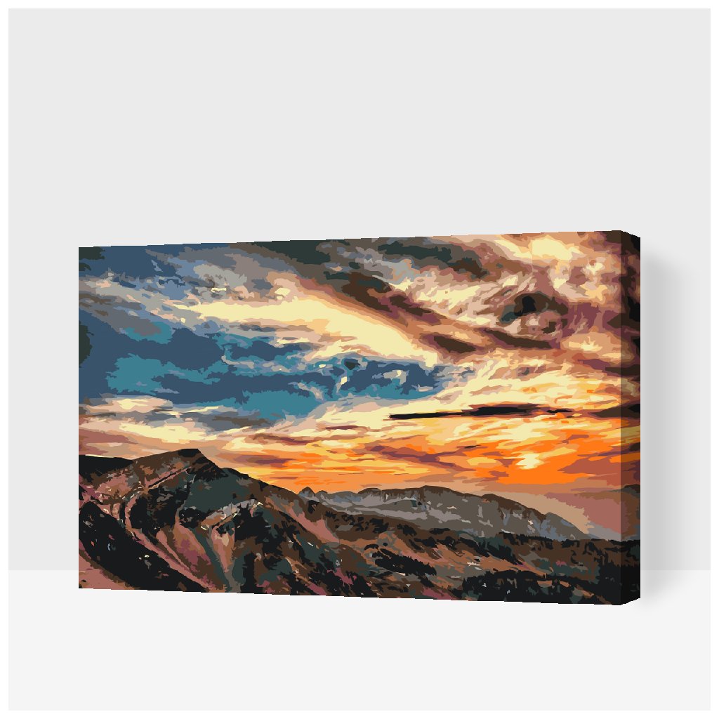 Maľovanie podľa čísiel - Západ slnka nad horami (Rám Bez rámu, iba plátno, Veľkosť 40x60)